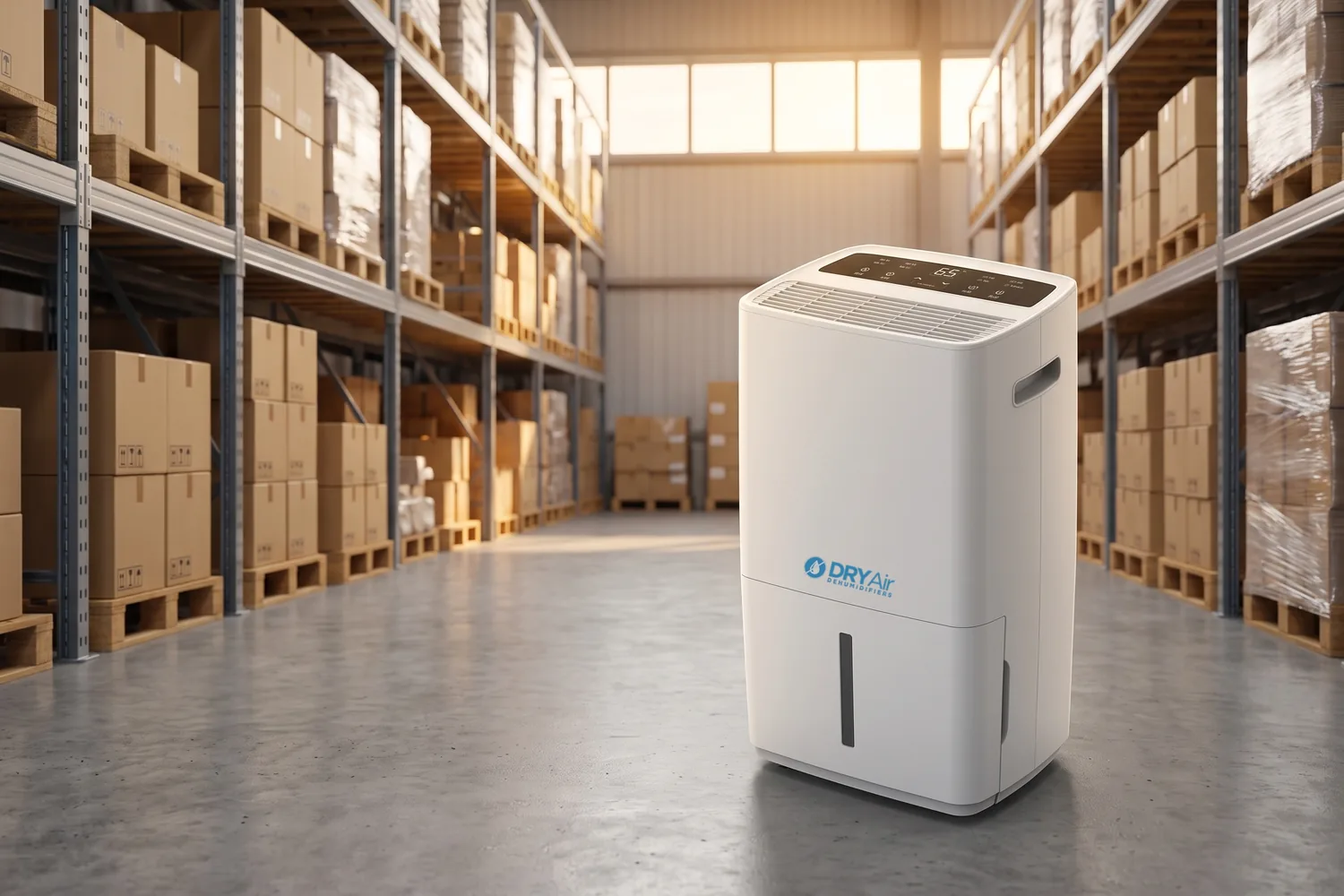 DRYAir DA-50L dehumidifier in a Sri Lankan warehouse aisle