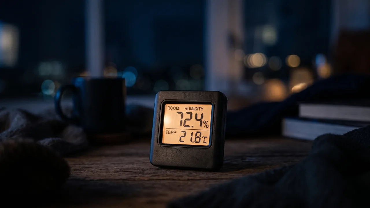 A hygrometer reading 72% humidity at night