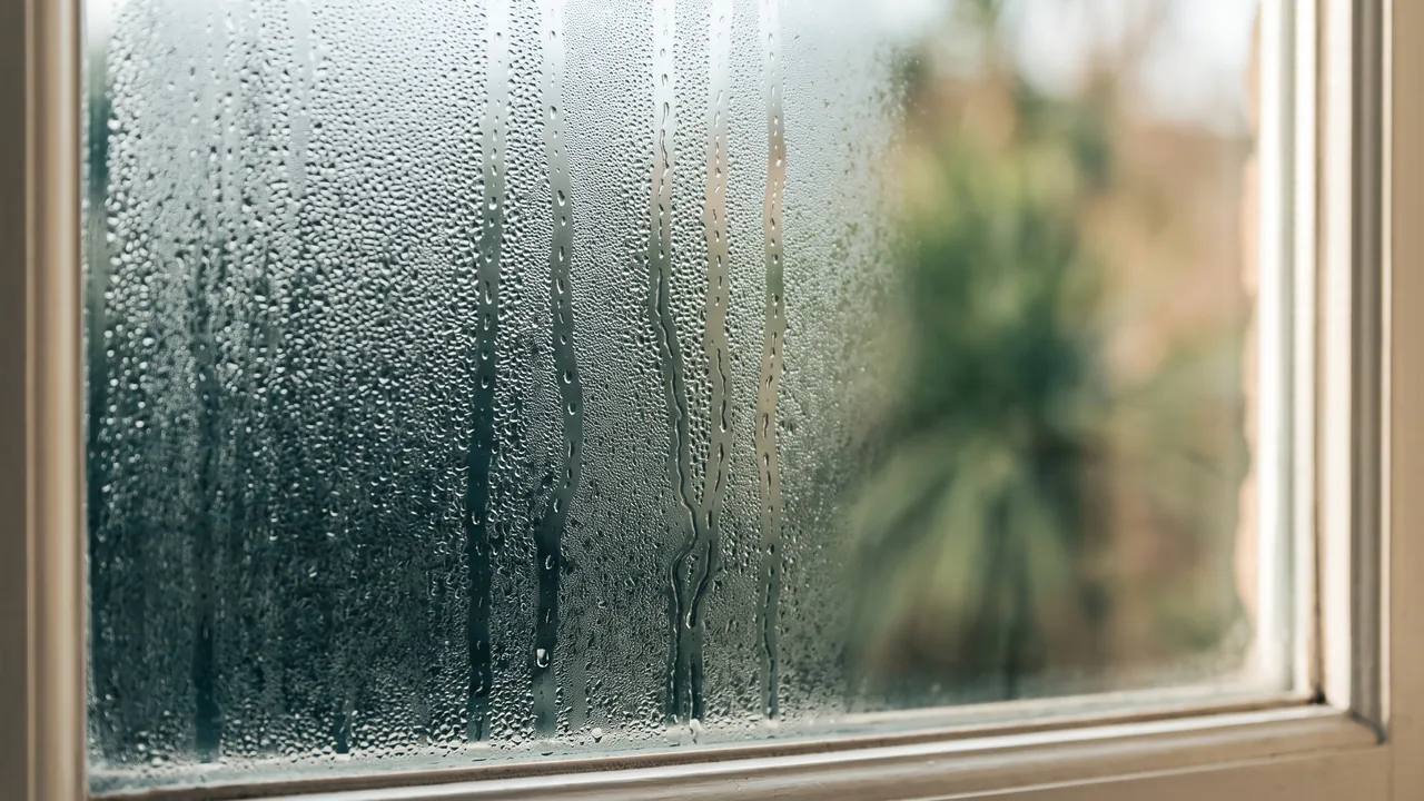 Heavy condensation running down a window pane