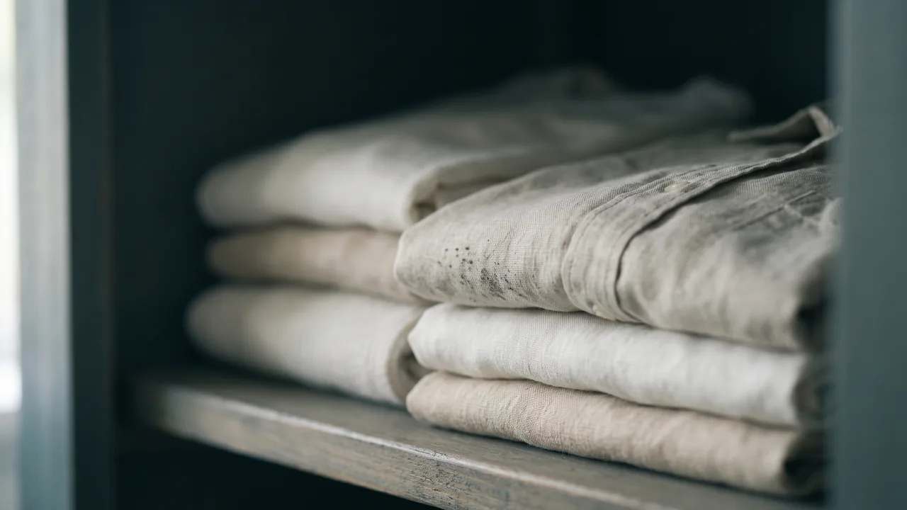 Damp linen with mildew speckles on a wardrobe shelf