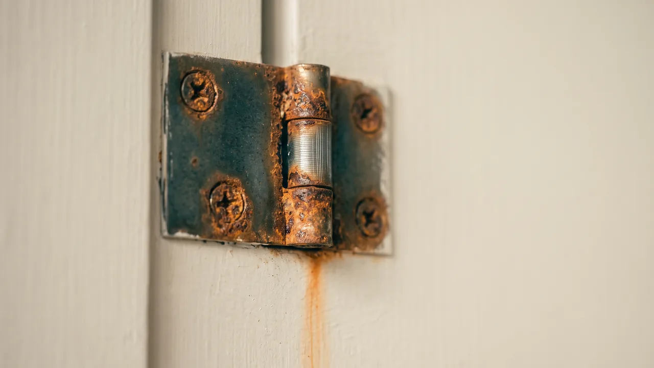 Rust blooming across a steel door hinge